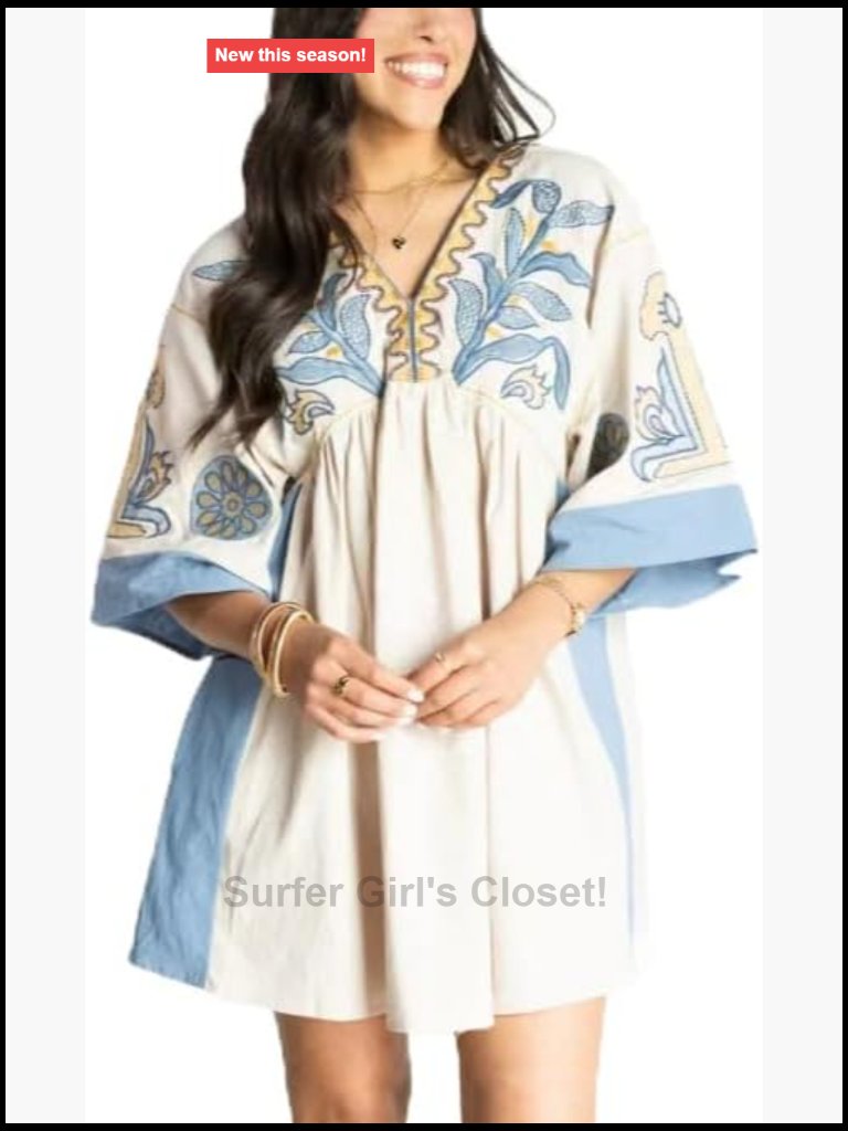 Floral Print Embroidered 3/4 Sleeve V-Neck Bohemian Casual Dress